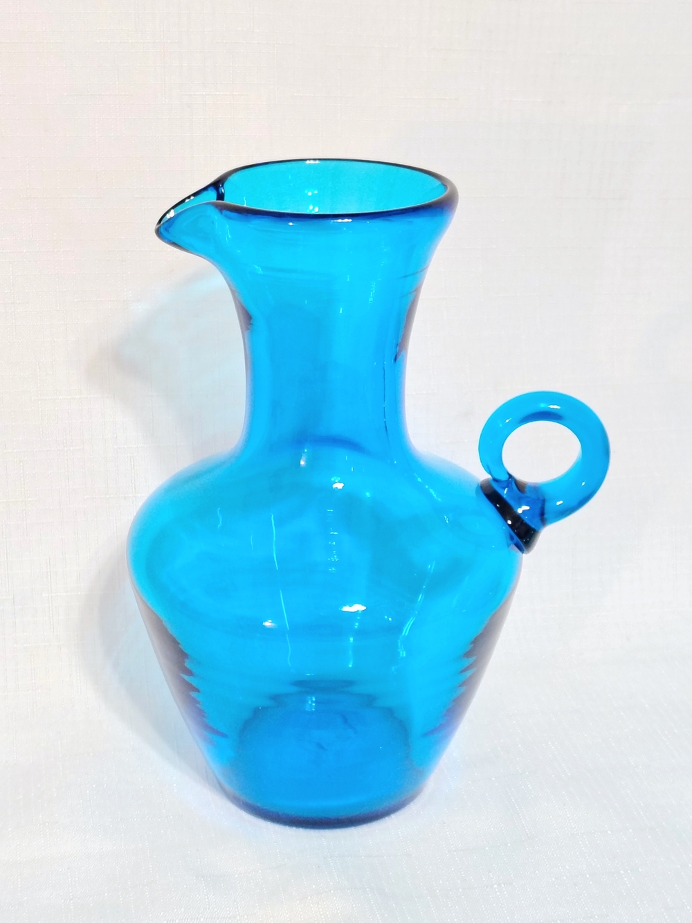 Art Glass Hand Blown Pitcher Ice Blue Glass Applied Handle Ewer Vase 8.5" Tall